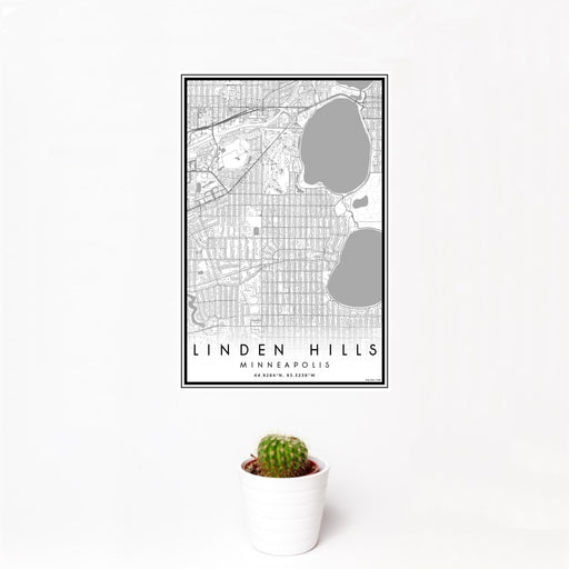 12x18 Linden Hills Minneapolis Map Print Portrait Orientation in Classic Style With Small Cactus Plant in White Planter