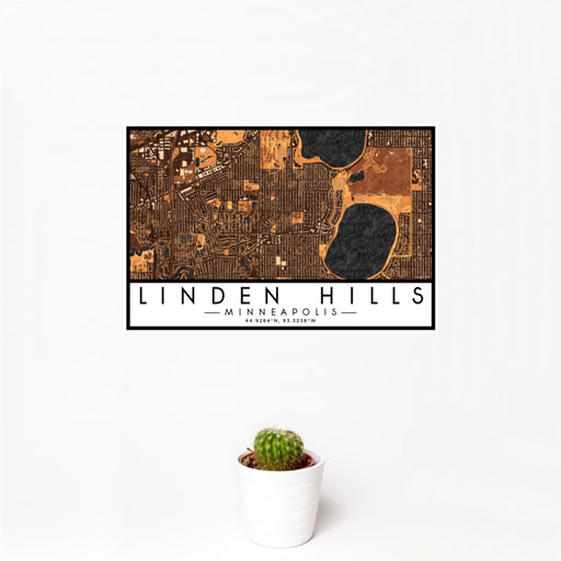 12x18 Linden Hills Minneapolis Map Print Landscape Orientation in Ember Style With Small Cactus Plant in White Planter
