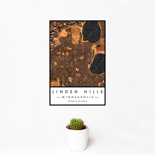 12x18 Linden Hills Minneapolis Map Print Portrait Orientation in Ember Style With Small Cactus Plant in White Planter