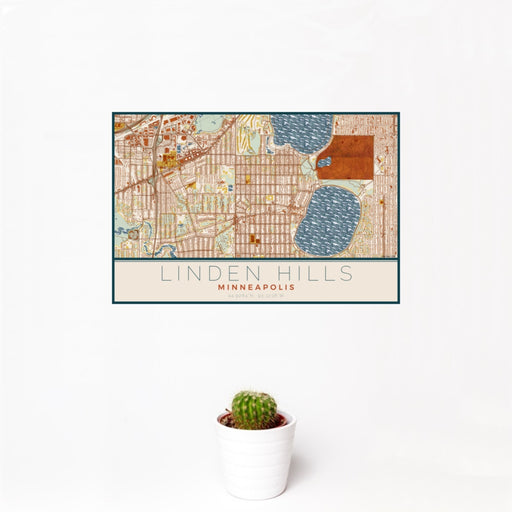 12x18 Linden Hills Minneapolis Map Print Landscape Orientation in Woodblock Style With Small Cactus Plant in White Planter