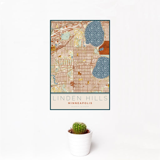 12x18 Linden Hills Minneapolis Map Print Portrait Orientation in Woodblock Style With Small Cactus Plant in White Planter