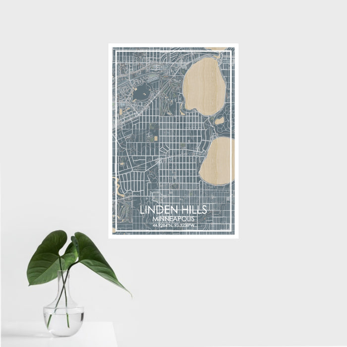 16x24 Linden Hills Minneapolis Map Print Portrait Orientation in Afternoon Style With Tropical Plant Leaves in Water