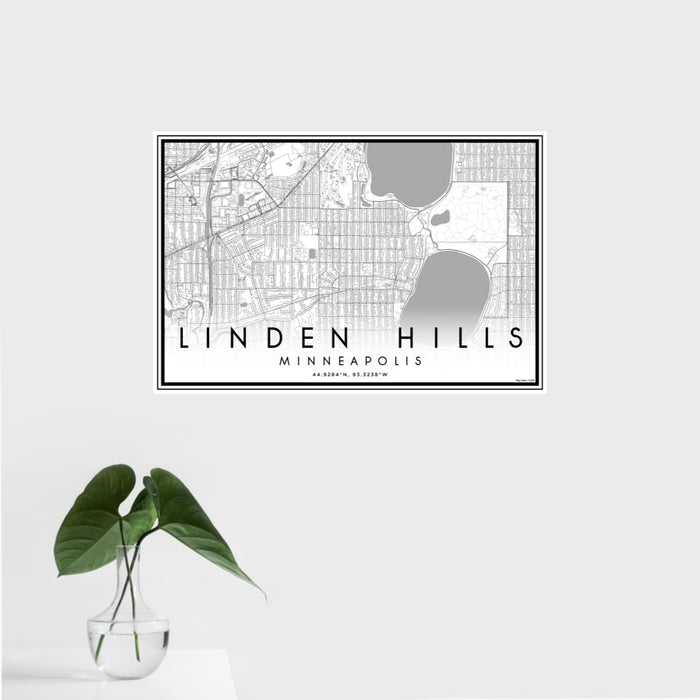 16x24 Linden Hills Minneapolis Map Print Landscape Orientation in Classic Style With Tropical Plant Leaves in Water