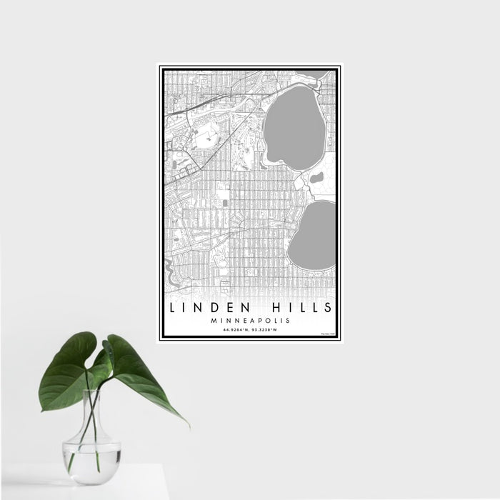 16x24 Linden Hills Minneapolis Map Print Portrait Orientation in Classic Style With Tropical Plant Leaves in Water