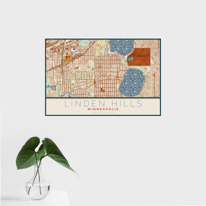 16x24 Linden Hills Minneapolis Map Print Landscape Orientation in Woodblock Style With Tropical Plant Leaves in Water