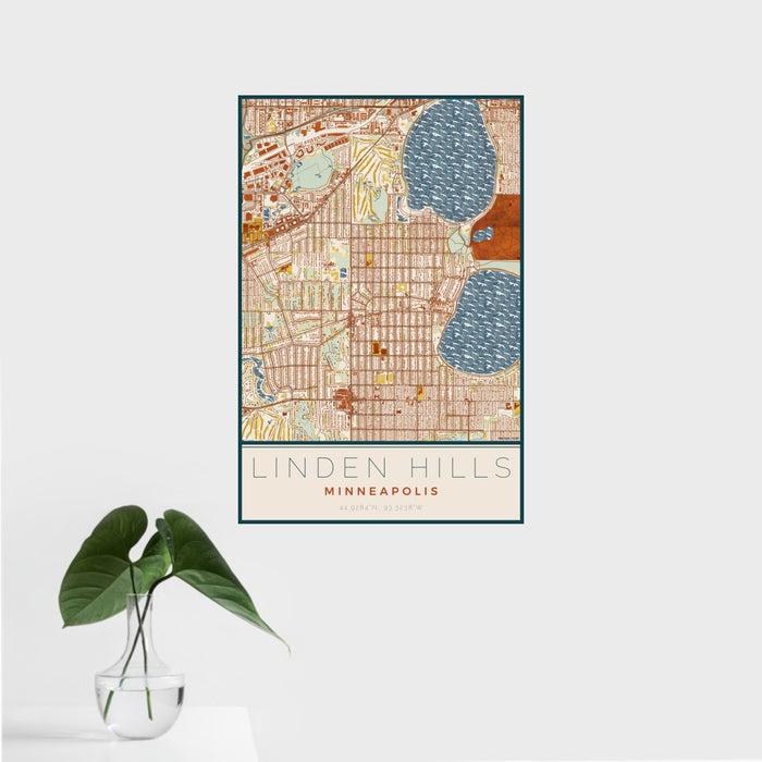 16x24 Linden Hills Minneapolis Map Print Portrait Orientation in Woodblock Style With Tropical Plant Leaves in Water
