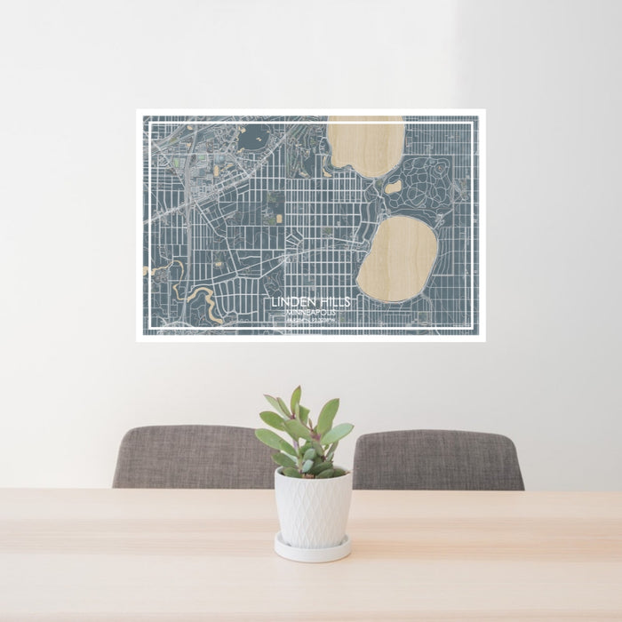 24x36 Linden Hills Minneapolis Map Print Lanscape Orientation in Afternoon Style Behind 2 Chairs Table and Potted Plant