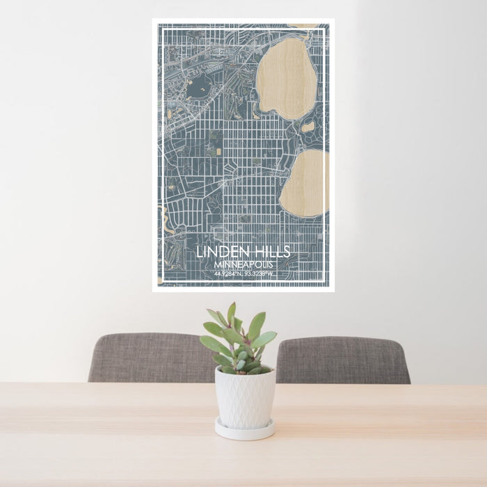 24x36 Linden Hills Minneapolis Map Print Portrait Orientation in Afternoon Style Behind 2 Chairs Table and Potted Plant