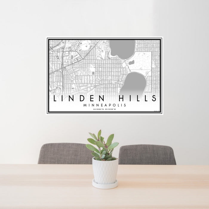 24x36 Linden Hills Minneapolis Map Print Lanscape Orientation in Classic Style Behind 2 Chairs Table and Potted Plant