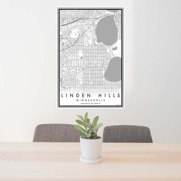 24x36 Linden Hills Minneapolis Map Print Portrait Orientation in Classic Style Behind 2 Chairs Table and Potted Plant