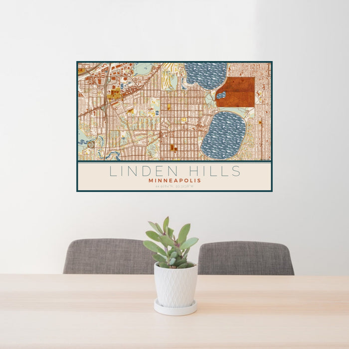24x36 Linden Hills Minneapolis Map Print Lanscape Orientation in Woodblock Style Behind 2 Chairs Table and Potted Plant