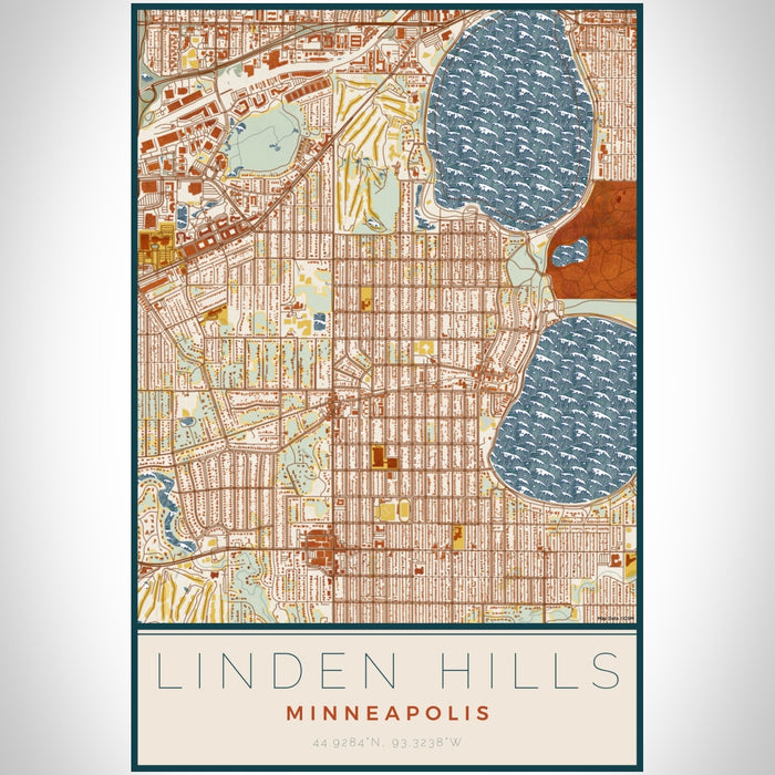 Linden Hills Minneapolis Map Print Portrait Orientation in Woodblock Style With Shaded Background
