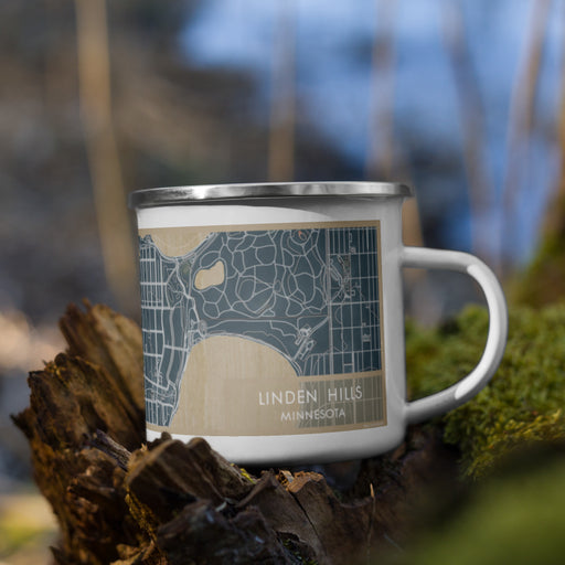 Right View Custom Linden Hills Minnesota Map Enamel Mug in Afternoon on Grass With Trees in Background
