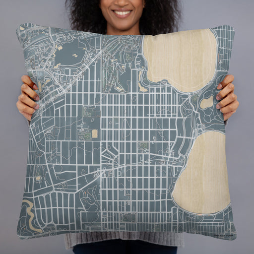 Person holding 22x22 Custom Linden Hills Minnesota Map Throw Pillow in Afternoon