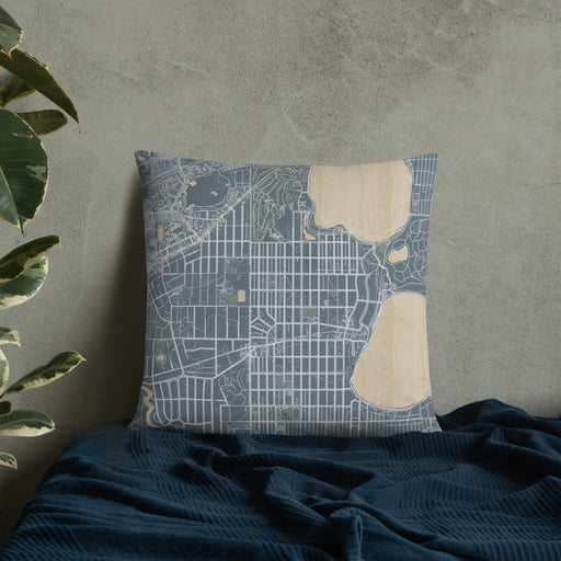 Custom Linden Hills Minnesota Map Throw Pillow in Afternoon on Bedding Against Wall