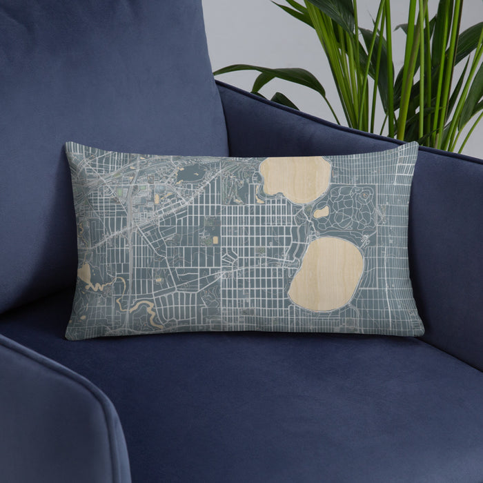 Custom Linden Hills Minnesota Map Throw Pillow in Afternoon on Blue Colored Chair