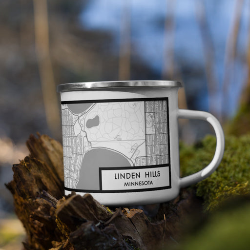 Right View Custom Linden Hills Minnesota Map Enamel Mug in Classic on Grass With Trees in Background