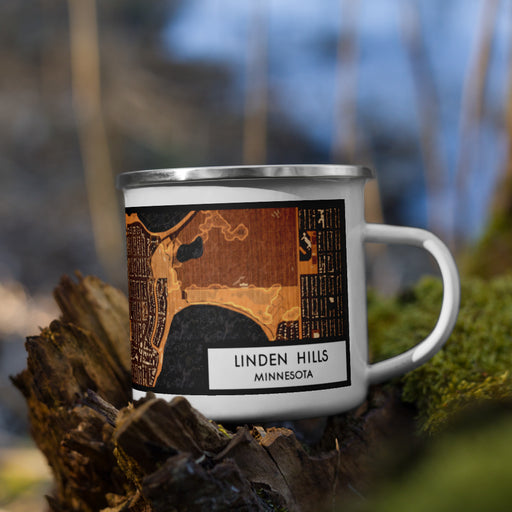 Right View Custom Linden Hills Minnesota Map Enamel Mug in Ember on Grass With Trees in Background