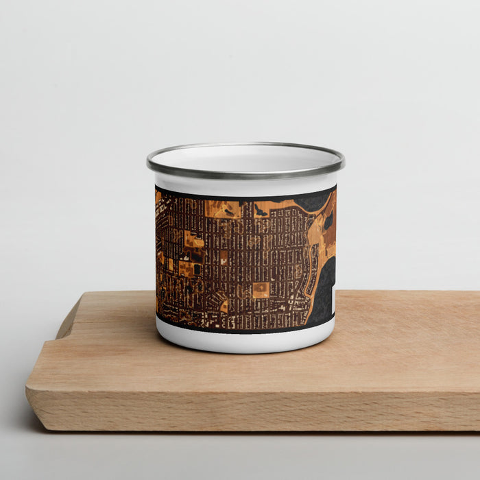 Front View Custom Linden Hills Minnesota Map Enamel Mug in Ember on Cutting Board