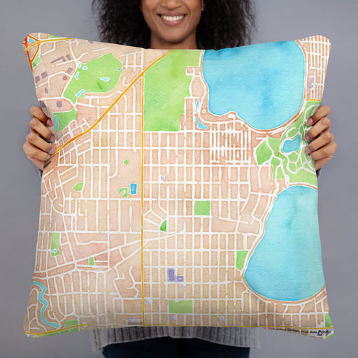 Person holding 22x22 Custom Linden Hills Minnesota Map Throw Pillow in Watercolor