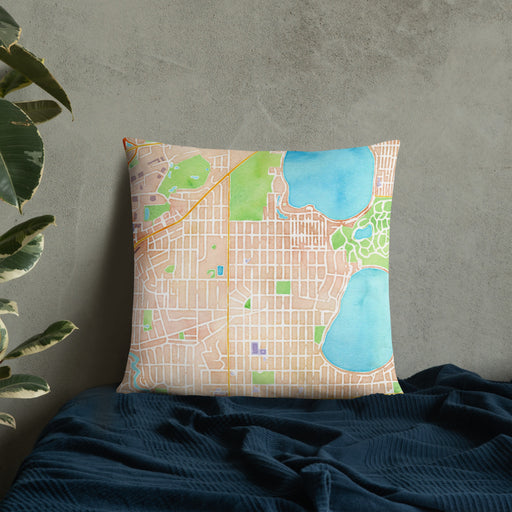 Custom Linden Hills Minnesota Map Throw Pillow in Watercolor on Bedding Against Wall