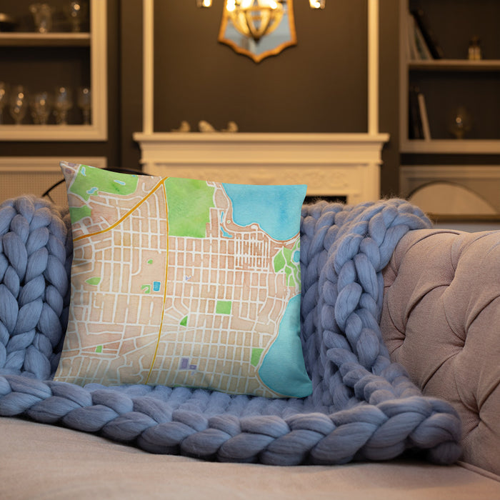 Custom Linden Hills Minnesota Map Throw Pillow in Watercolor on Cream Colored Couch