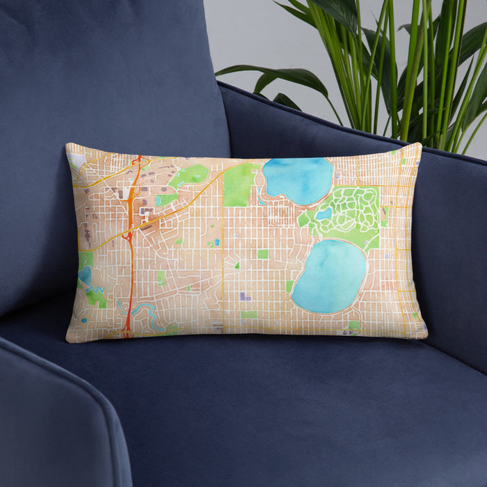 Custom Linden Hills Minnesota Map Throw Pillow in Watercolor on Blue Colored Chair