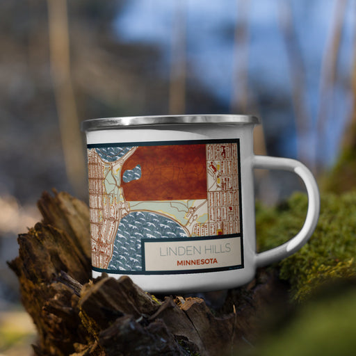 Right View Custom Linden Hills Minnesota Map Enamel Mug in Woodblock on Grass With Trees in Background