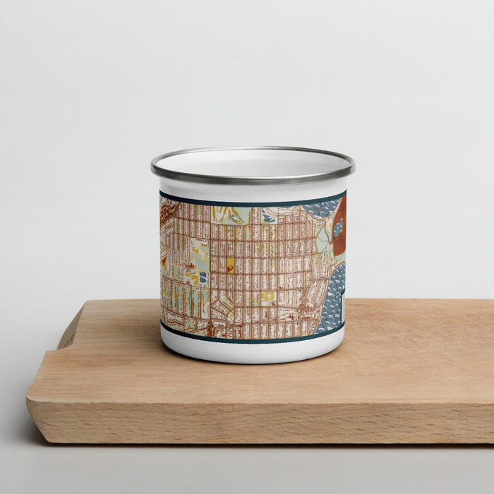 Front View Custom Linden Hills Minnesota Map Enamel Mug in Woodblock on Cutting Board