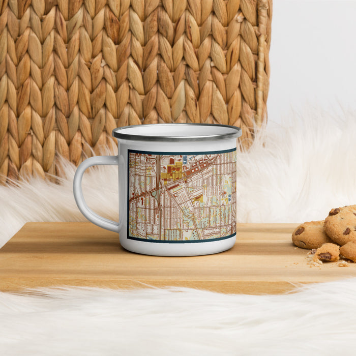 Left View Custom Linden Hills Minnesota Map Enamel Mug in Woodblock on Table Top