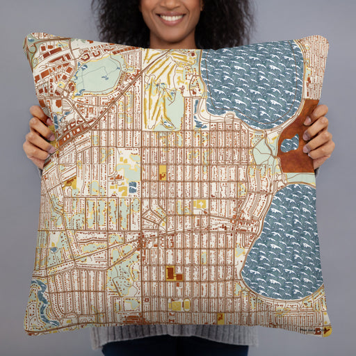 Person holding 22x22 Custom Linden Hills Minnesota Map Throw Pillow in Woodblock