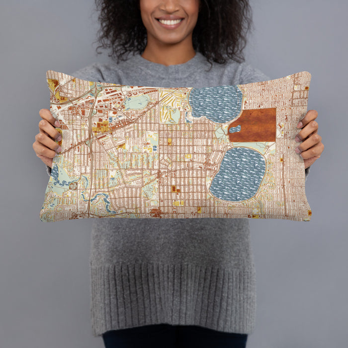 Person holding 20x12 Custom Linden Hills Minnesota Map Throw Pillow in Woodblock