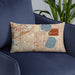 Custom Linden Hills Minnesota Map Throw Pillow in Woodblock on Blue Colored Chair