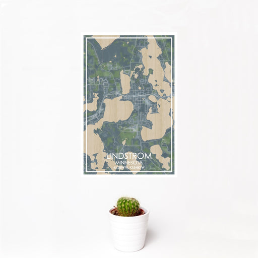 12x18 Lindstrom Minnesota Map Print Portrait Orientation in Afternoon Style With Small Cactus Plant in White Planter