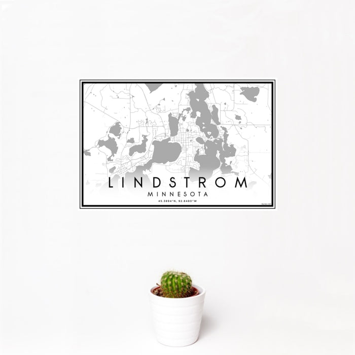 12x18 Lindstrom Minnesota Map Print Landscape Orientation in Classic Style With Small Cactus Plant in White Planter