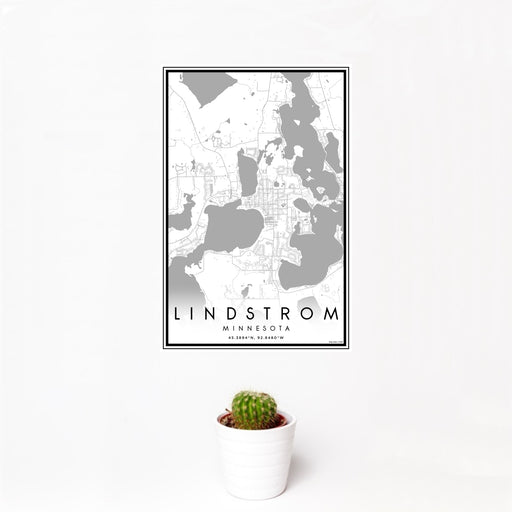 12x18 Lindstrom Minnesota Map Print Portrait Orientation in Classic Style With Small Cactus Plant in White Planter