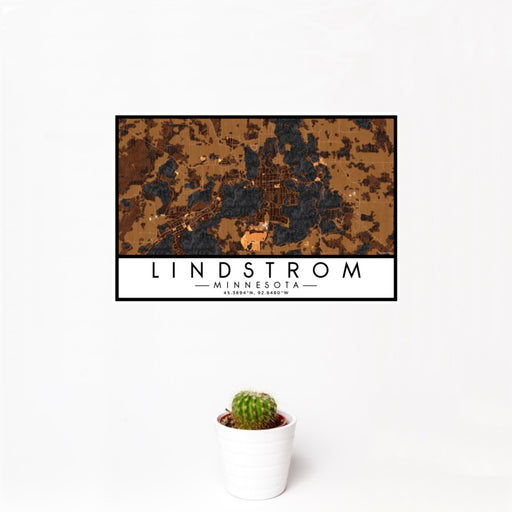 12x18 Lindstrom Minnesota Map Print Landscape Orientation in Ember Style With Small Cactus Plant in White Planter
