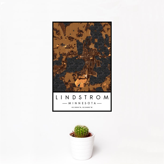 12x18 Lindstrom Minnesota Map Print Portrait Orientation in Ember Style With Small Cactus Plant in White Planter