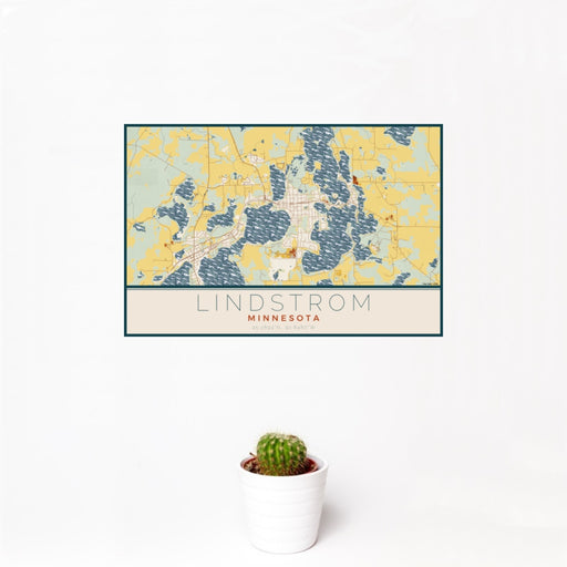 12x18 Lindstrom Minnesota Map Print Landscape Orientation in Woodblock Style With Small Cactus Plant in White Planter