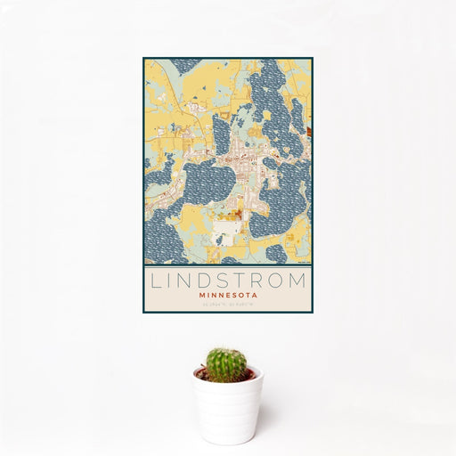 12x18 Lindstrom Minnesota Map Print Portrait Orientation in Woodblock Style With Small Cactus Plant in White Planter