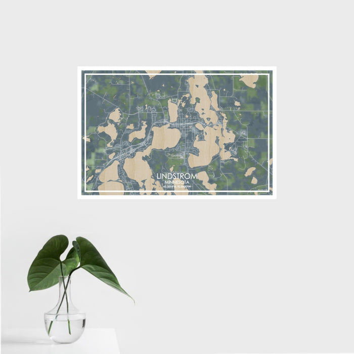 16x24 Lindstrom Minnesota Map Print Landscape Orientation in Afternoon Style With Tropical Plant Leaves in Water
