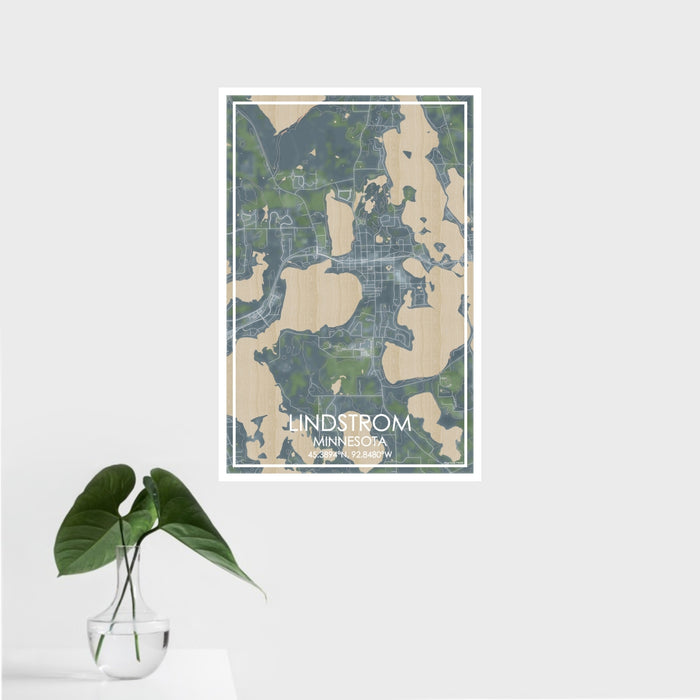 16x24 Lindstrom Minnesota Map Print Portrait Orientation in Afternoon Style With Tropical Plant Leaves in Water