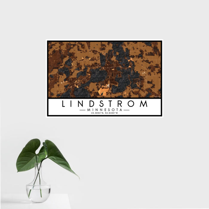 16x24 Lindstrom Minnesota Map Print Landscape Orientation in Ember Style With Tropical Plant Leaves in Water