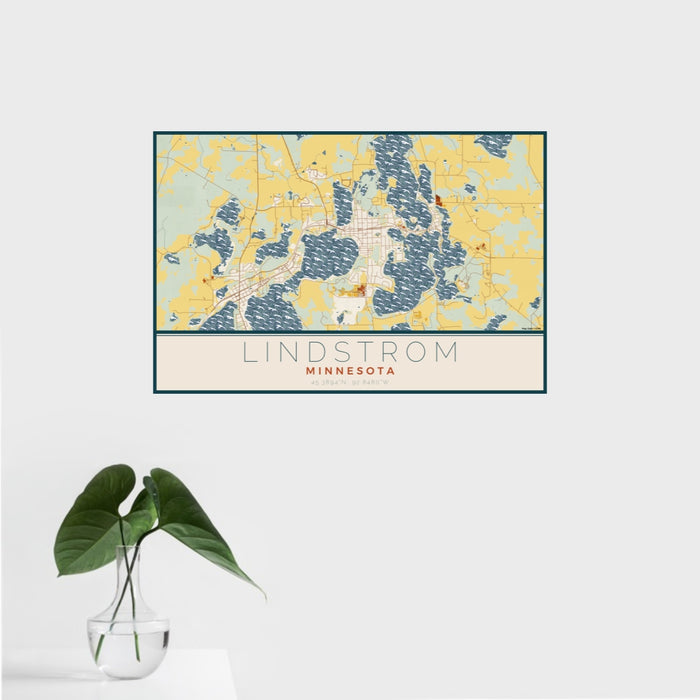 16x24 Lindstrom Minnesota Map Print Landscape Orientation in Woodblock Style With Tropical Plant Leaves in Water