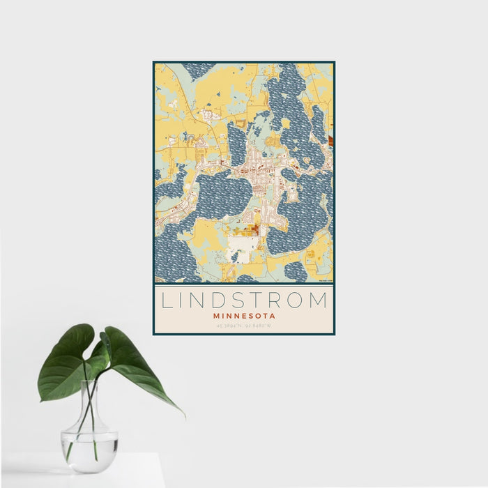 16x24 Lindstrom Minnesota Map Print Portrait Orientation in Woodblock Style With Tropical Plant Leaves in Water