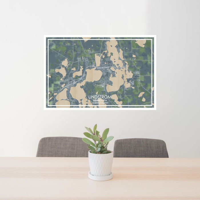 24x36 Lindstrom Minnesota Map Print Lanscape Orientation in Afternoon Style Behind 2 Chairs Table and Potted Plant