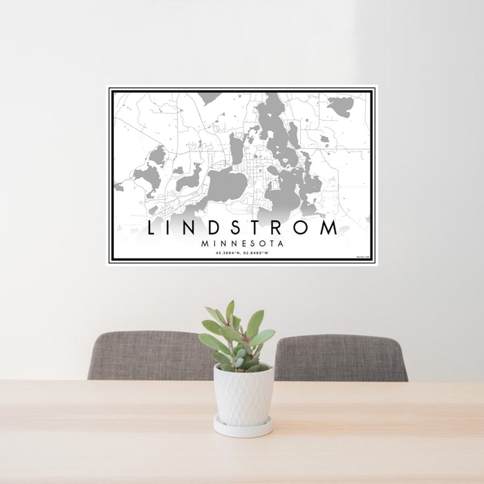 24x36 Lindstrom Minnesota Map Print Lanscape Orientation in Classic Style Behind 2 Chairs Table and Potted Plant