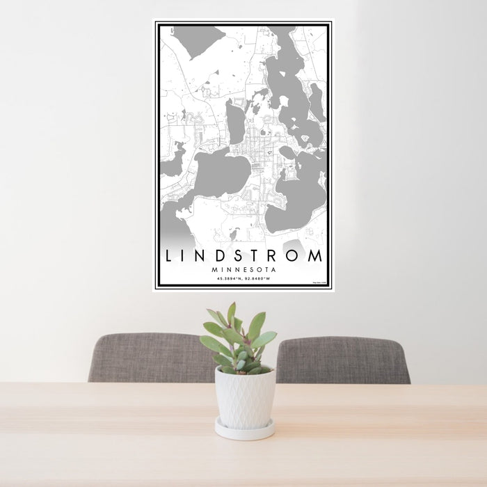 24x36 Lindstrom Minnesota Map Print Portrait Orientation in Classic Style Behind 2 Chairs Table and Potted Plant