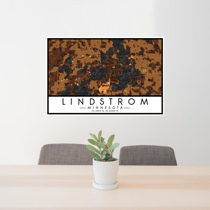 24x36 Lindstrom Minnesota Map Print Lanscape Orientation in Ember Style Behind 2 Chairs Table and Potted Plant