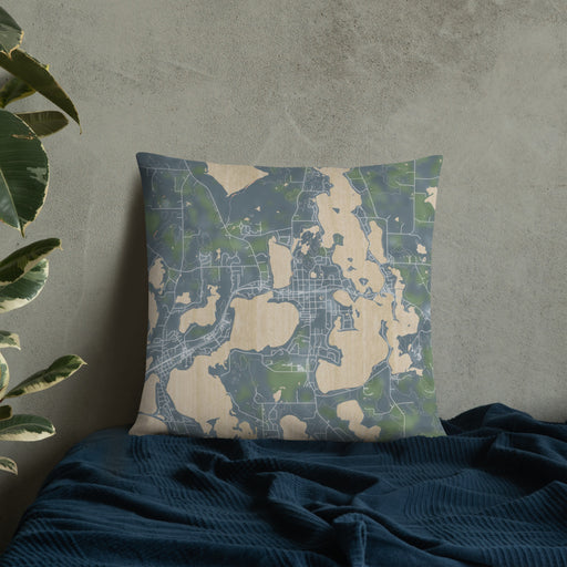 Custom Lindstrom Minnesota Map Throw Pillow in Afternoon on Bedding Against Wall